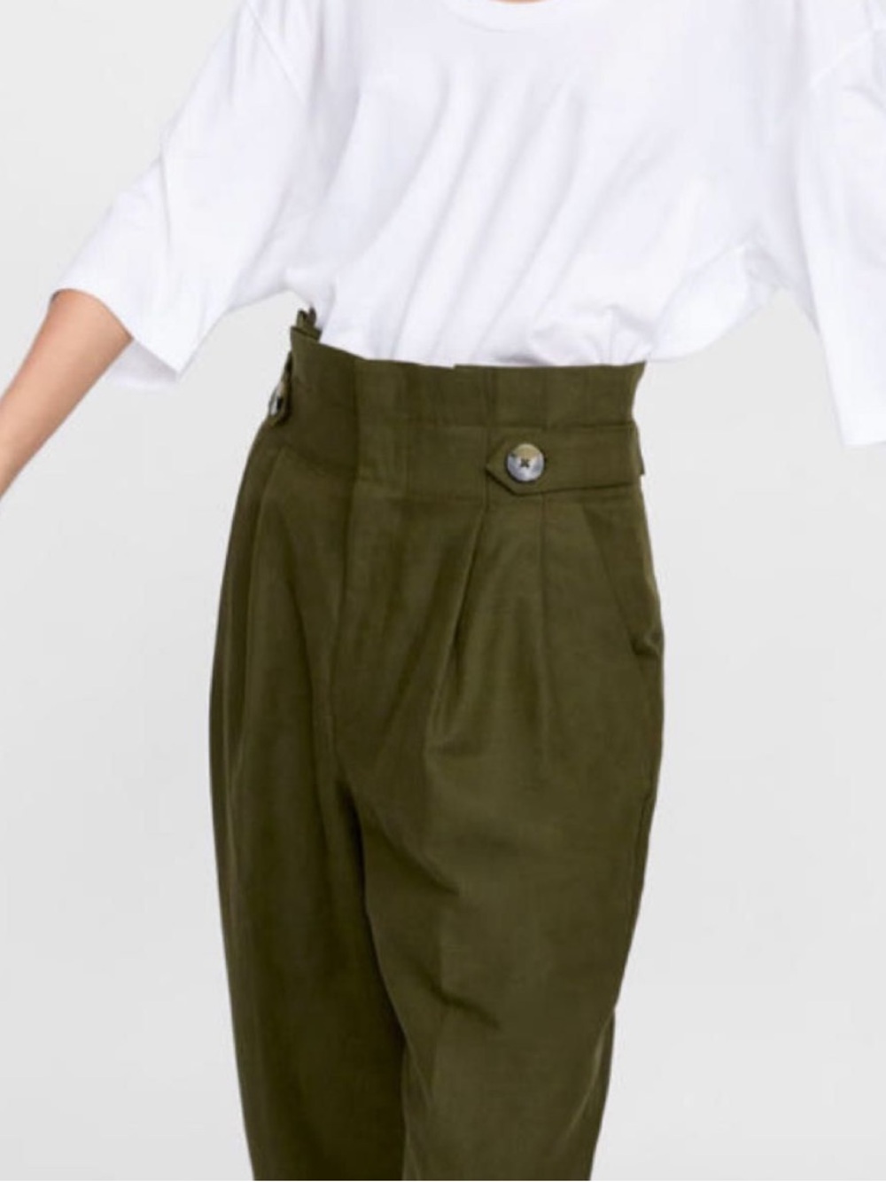 Zara Linen Blend Olive High-Waist Pleated Chinos